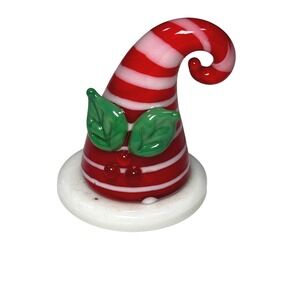 Glass Christmas Elf Hat Figurine Candy Cane Swirl Red‎ White Green Holiday Decor